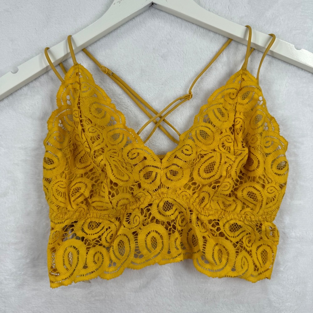Victoria's Secret PINK Lace Bralette Mustard Yellow Floral V-Neck Large 400658
